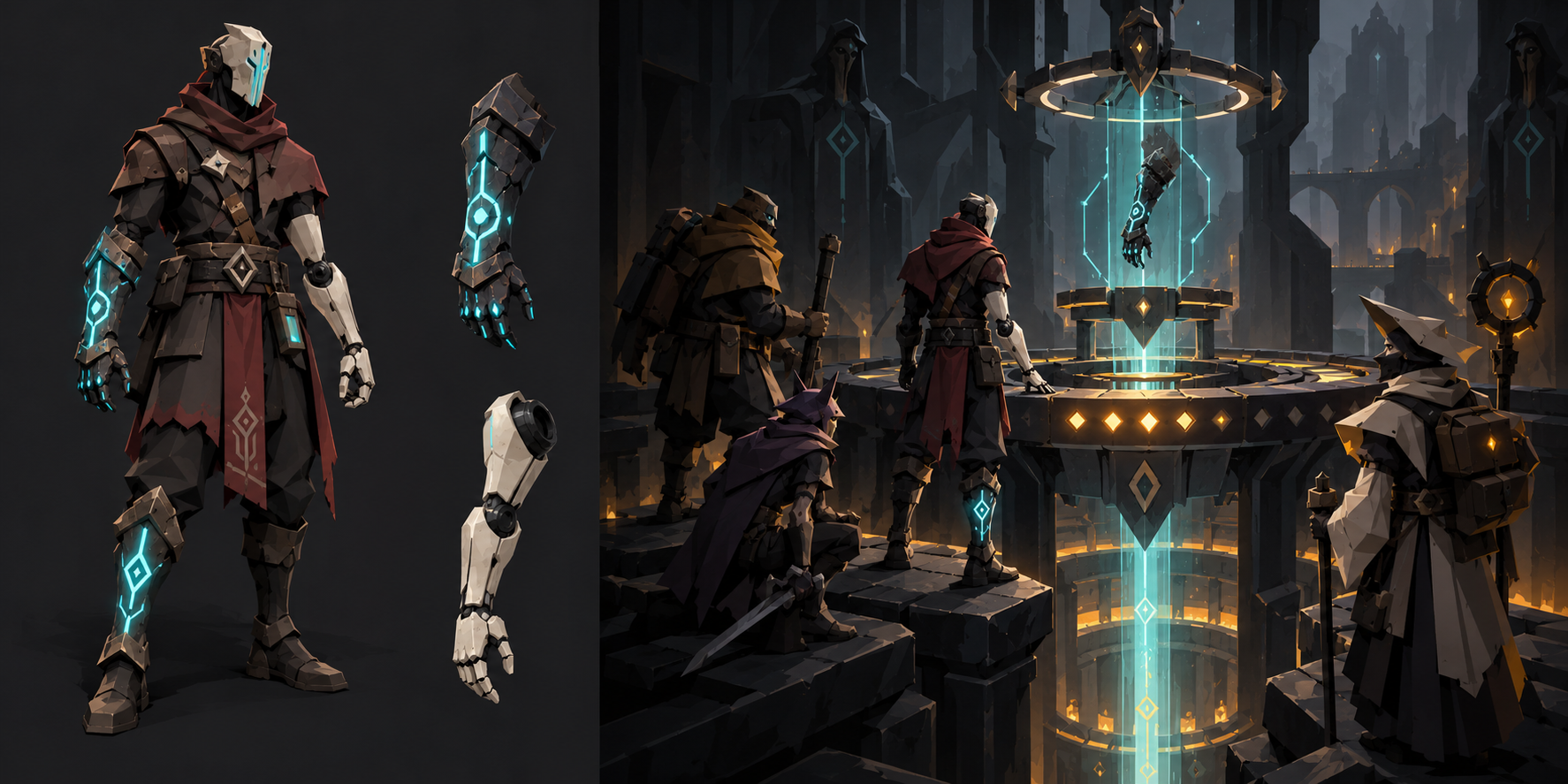 A masked adventurer with rune-bound armor and ceramic replacement limbs stands beside an ancient ritual machine.