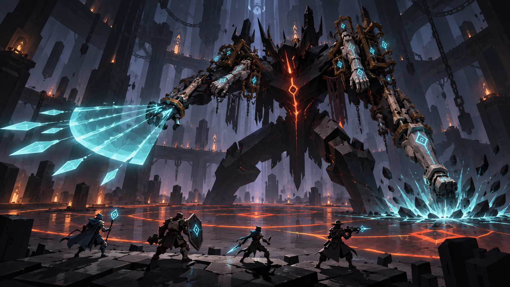 An immense patchwork Demon Lord towers over adventurers, wielding stolen glowing rune powers.