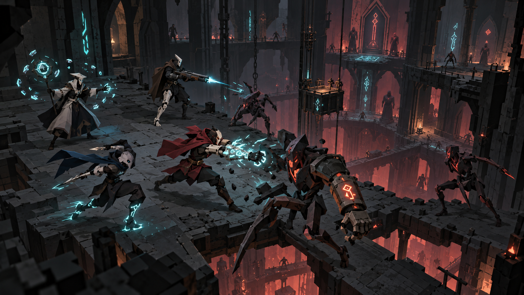 Masked adventurers fight on gothic walkways around a deep tower shaft, their rune-bound limbs glowing.
