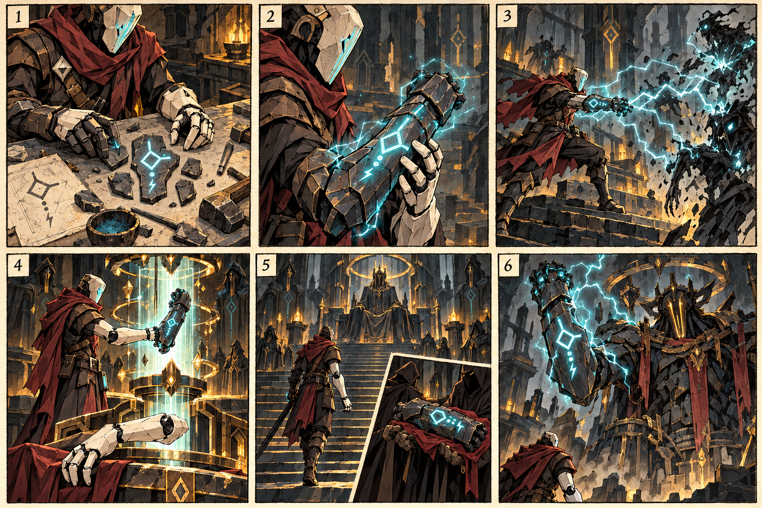 Six-panel comic: a masked adventurer makes a seal, finds a lightning rune, uses it in combat, offers the marked arm at a ritual gate, descends with a replacement, and recognizes the unchanged rune on the Demon Lord’s arm.